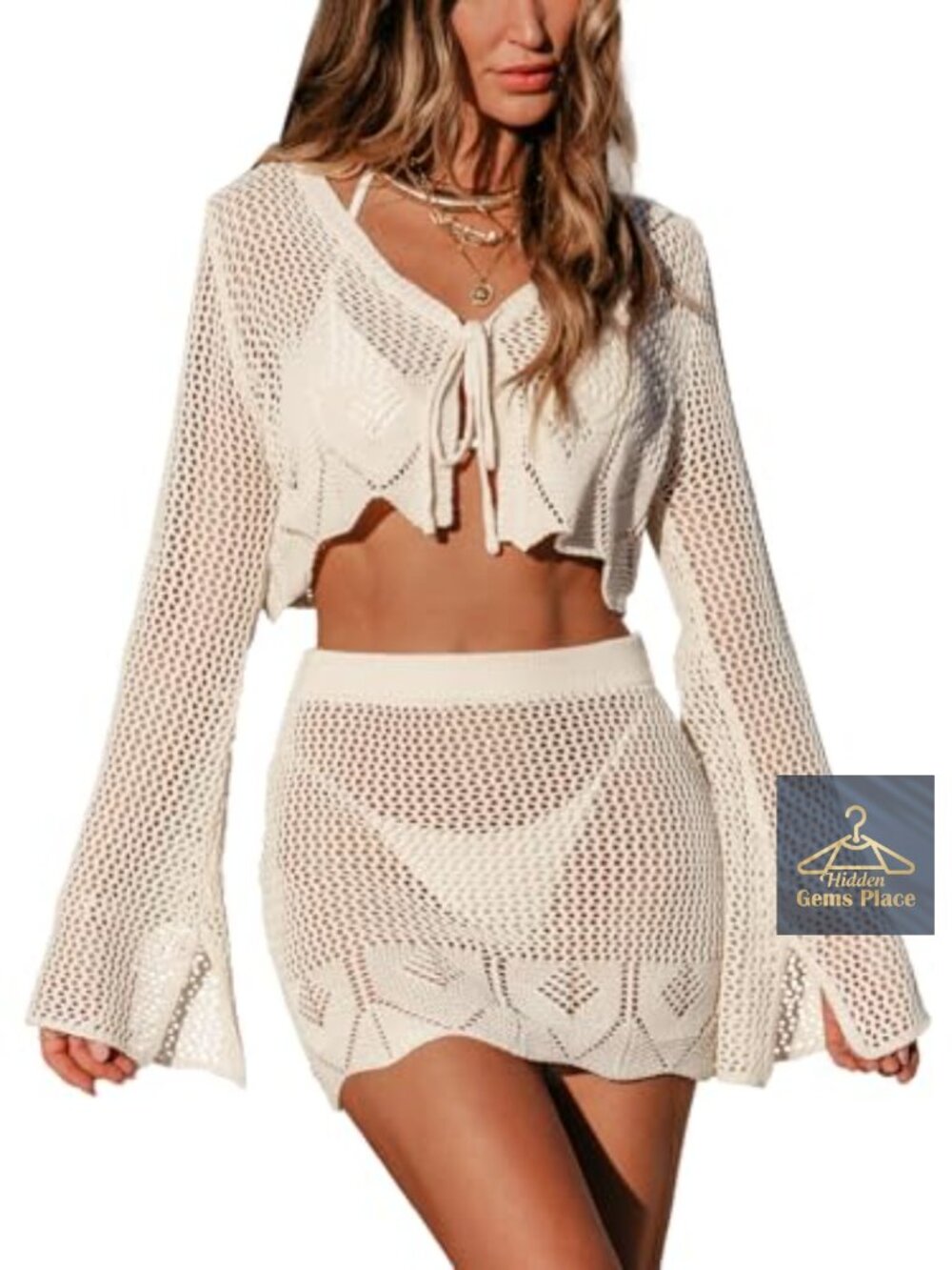 Crochet Two Piece Beach Cover Up Set Long Sleeve Tie Front Swimwear Coverup